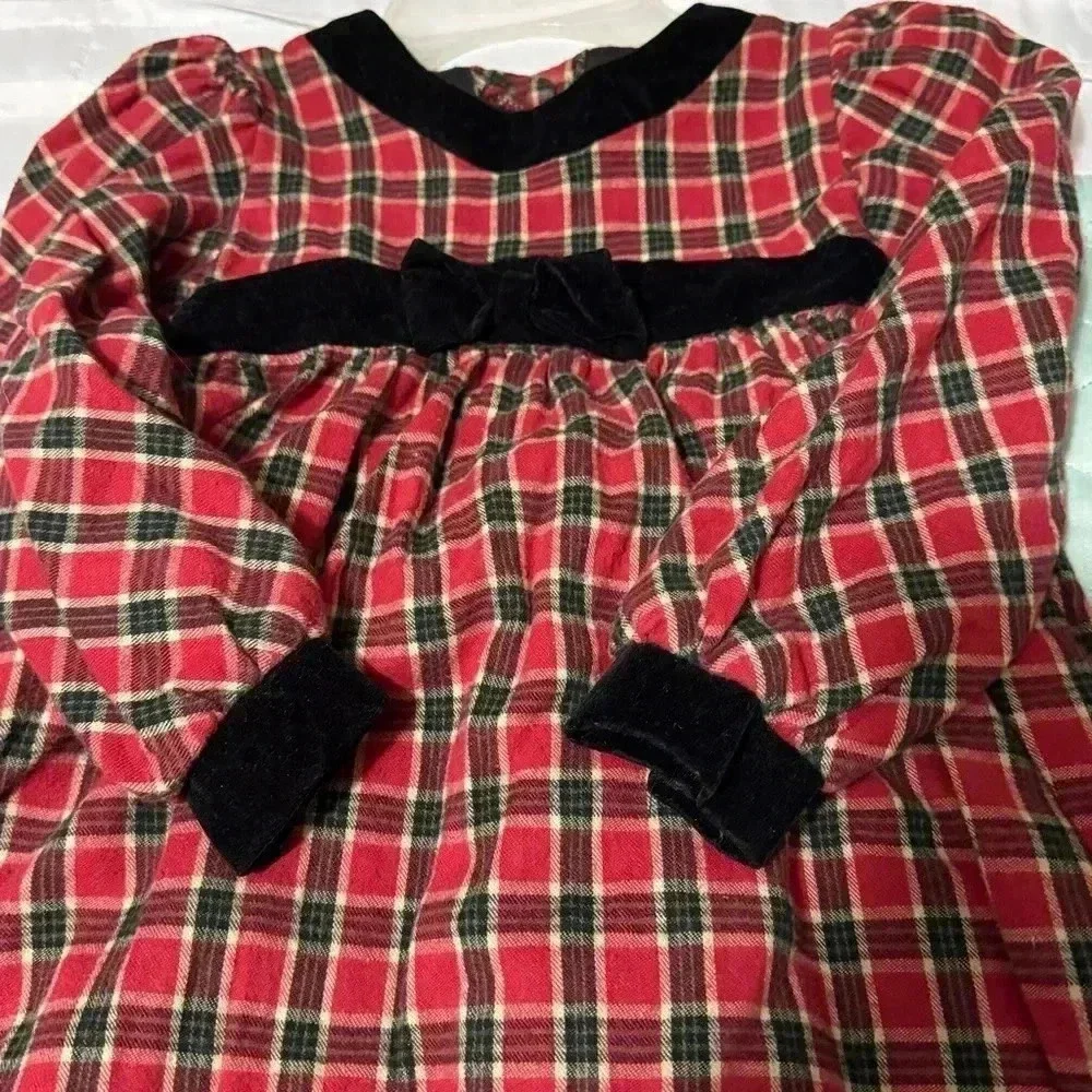Vintage JO LENE Holiday Dress Girl’s Size 4 Portrait Plaid with Velvet Trim USA